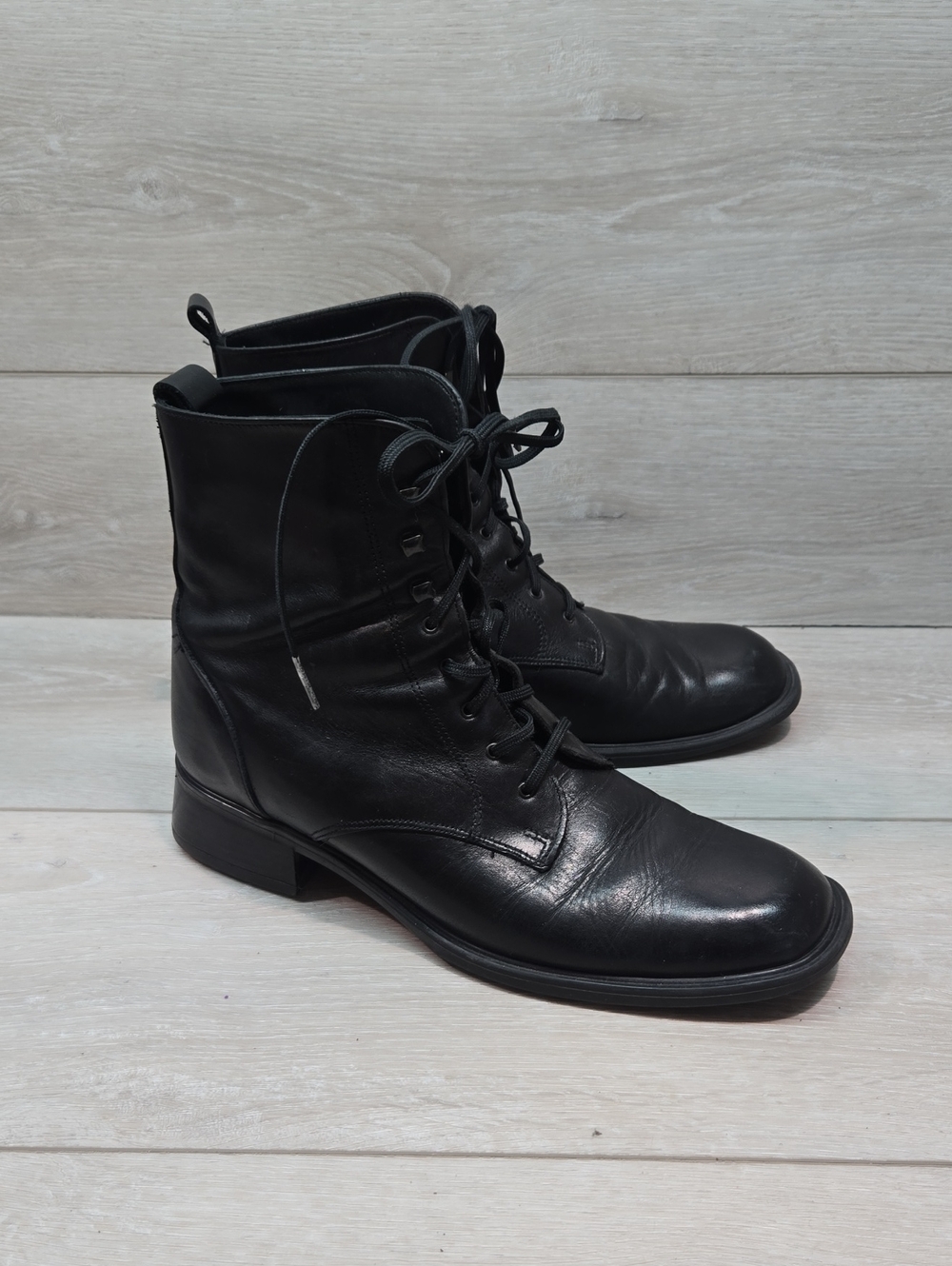 Vintage Santana Canada Women Black Leather Square Toe Lace-Up Boots Shoes Sz 6